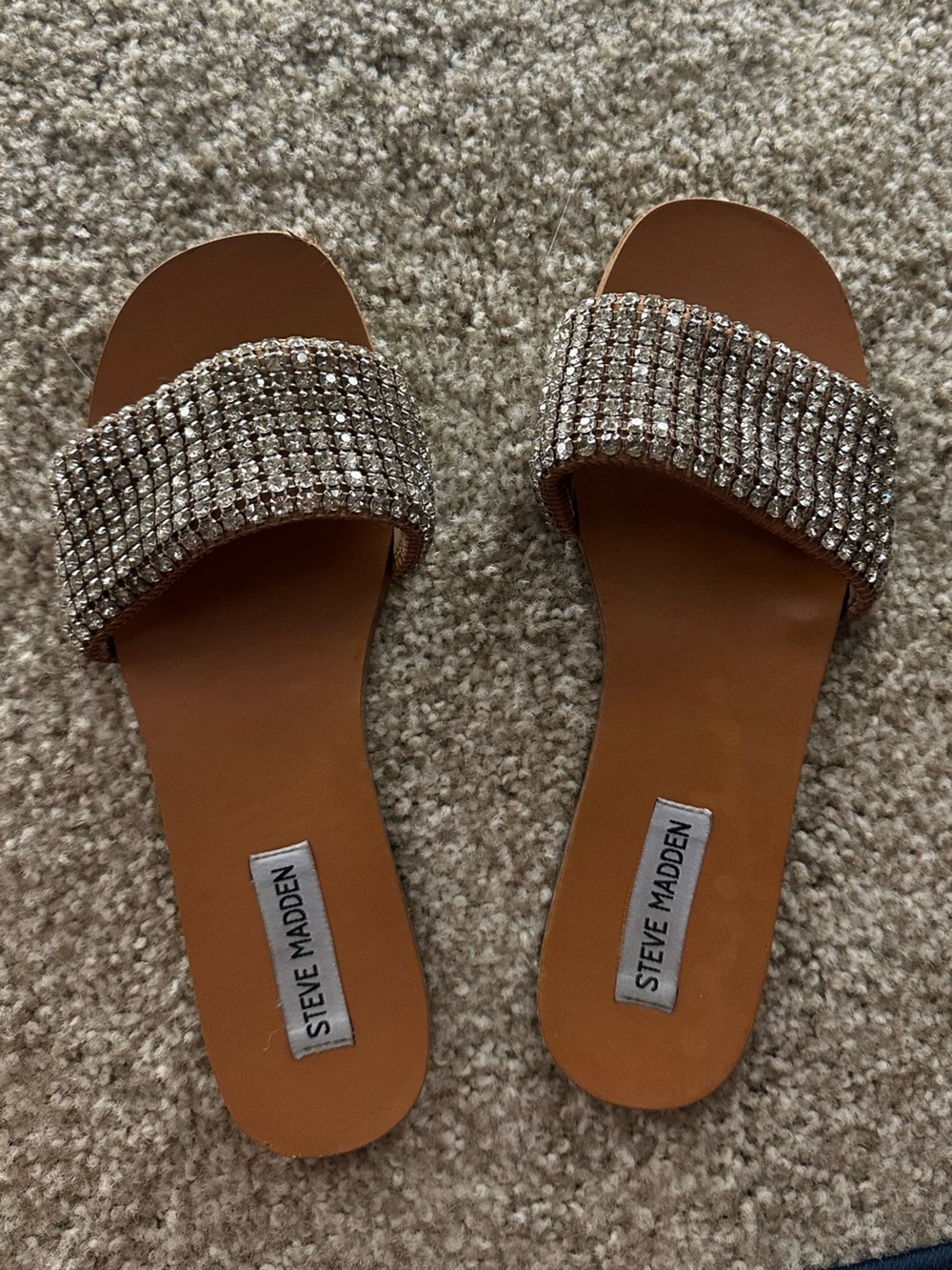 Steve Madden Tan Slide Sandals with Rhinestone Crystal Straps